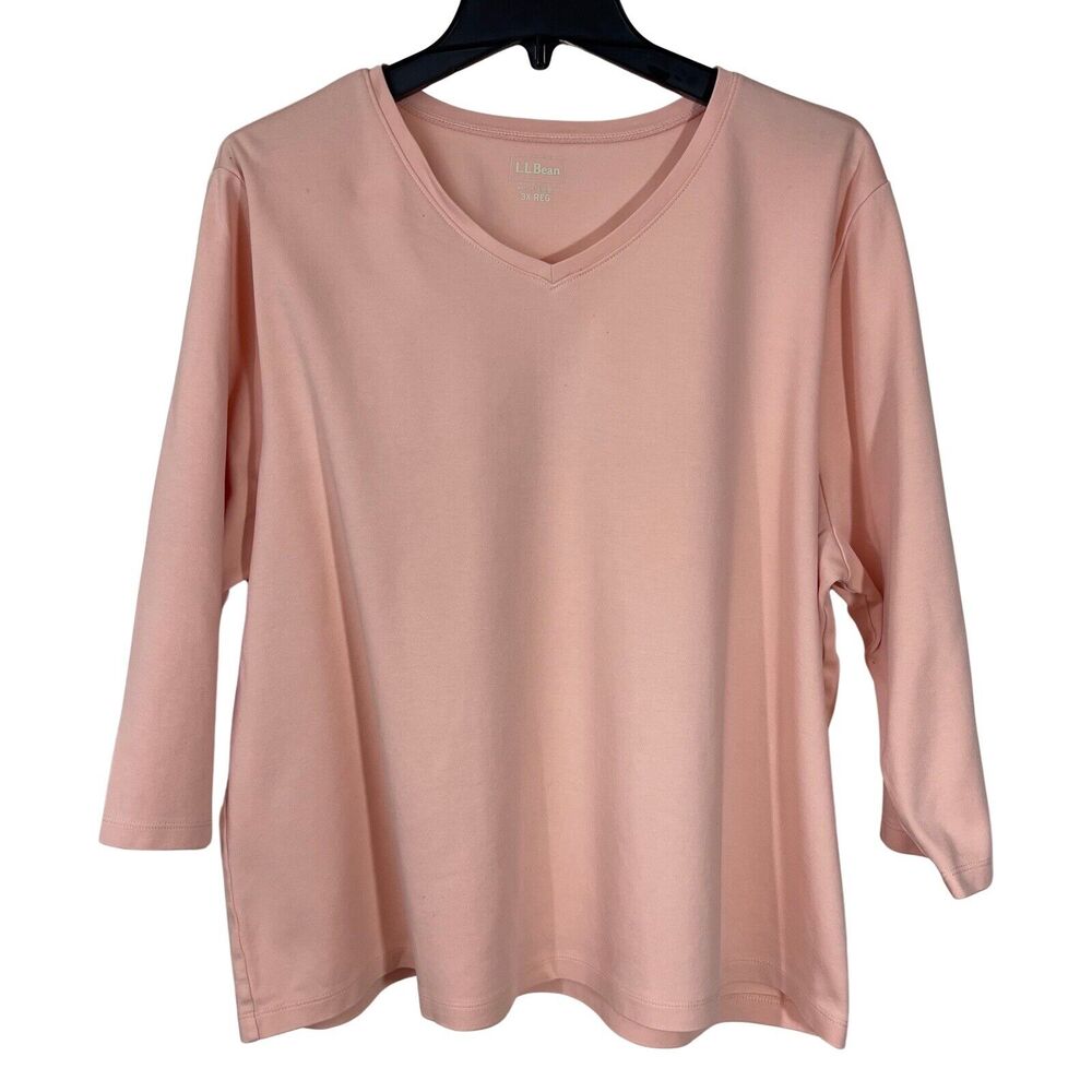 LL Bean Shirt Womens Size 3XL Peach Organic Cotton Tee V Neck 3/4 Sleeve